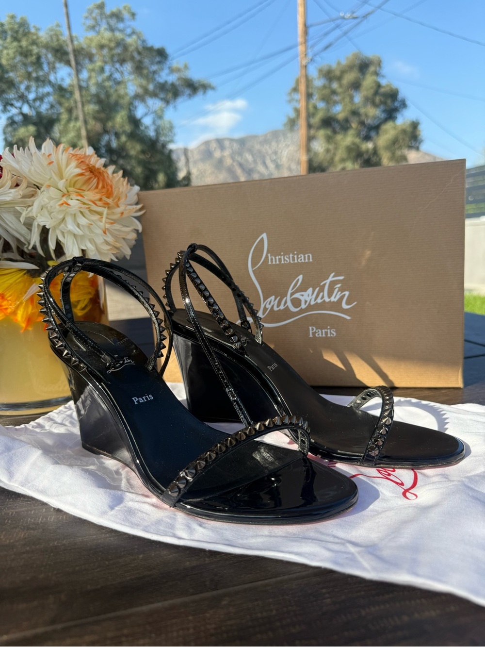 Christian Louboutin Black Patent Studded Wedge Slingbacks